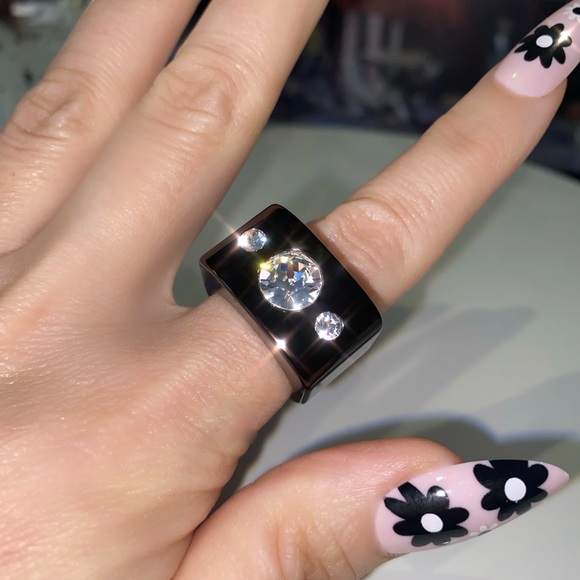 Women’s Crystal Ring, Black Acrylic, Cube Shaped Ring, Crystal Gemstone Ring - Picture 8 of 16